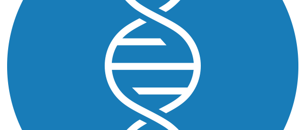 Blue and white icon representing a DNA strand