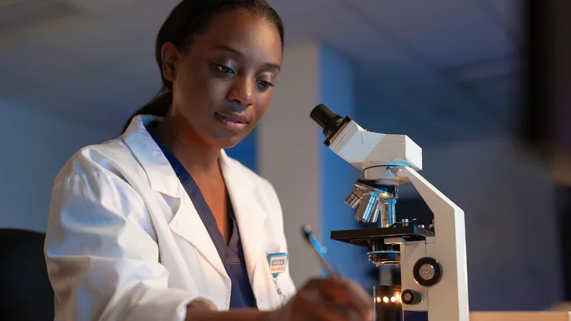 Woman writing notes with microscope