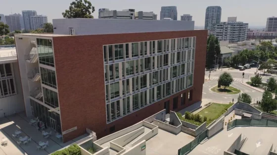 Aerial shot of Geffen Hall, a building dedicated to MD Student's on UCLA's south campus