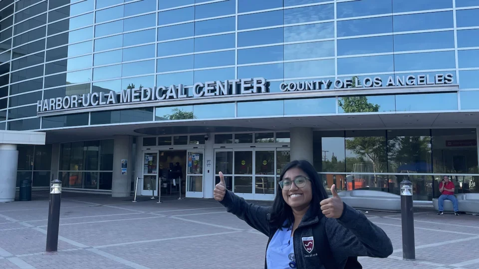 Medical student Nafisa Wara, pictured in front of UCLA Harbor Medical Center