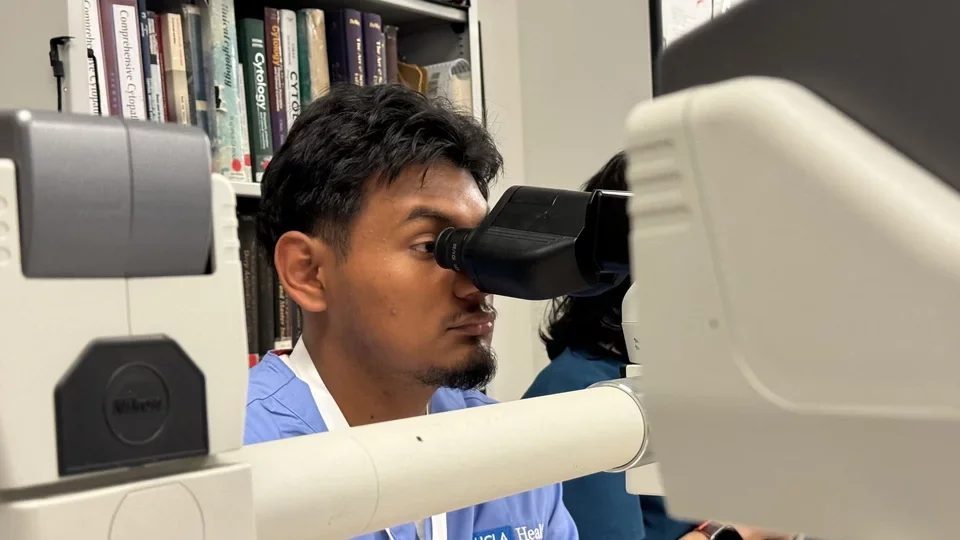 Student looking through microscope during Turner-UCLA Allied Health Internship rotation.
