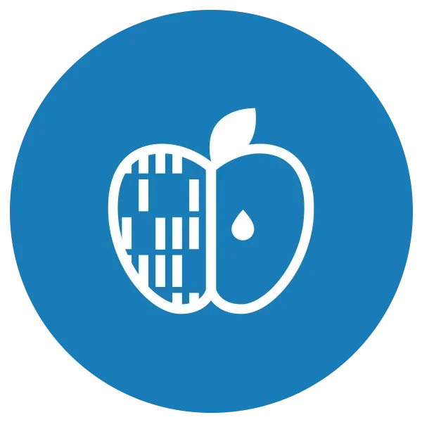 Blue and white icon representing the DNA of an apple