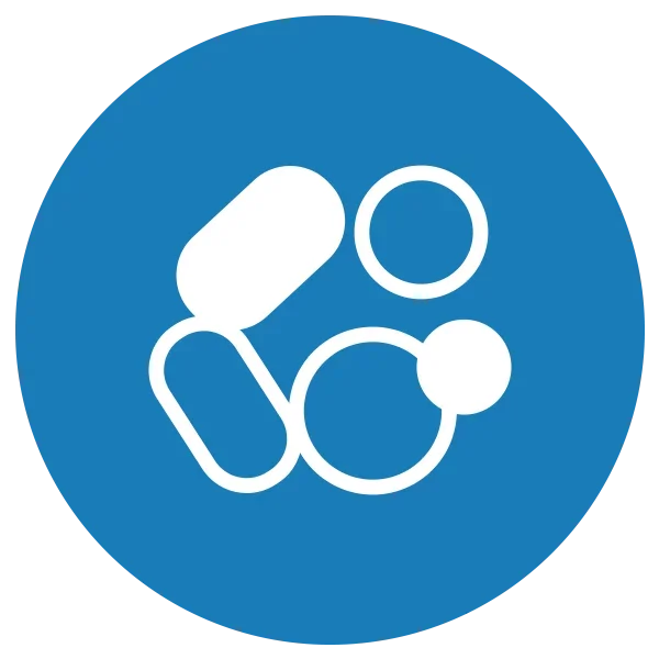 Blue and white icon representing prescription drugs