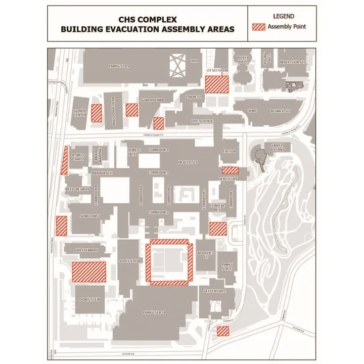 Map of designated evacuation assembly areas for the Center for Health Sciences Building