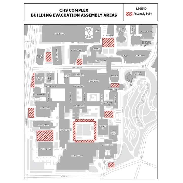 Map of designated evacuation assembly areas for the Center for Health Sciences Building