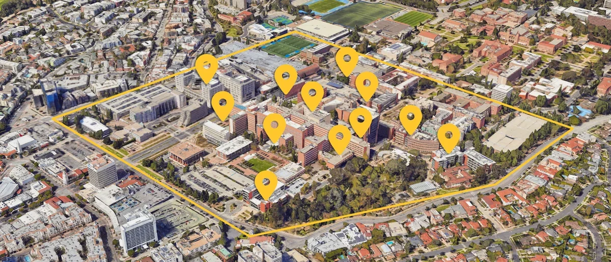 Arial view of medical school buildings with locations