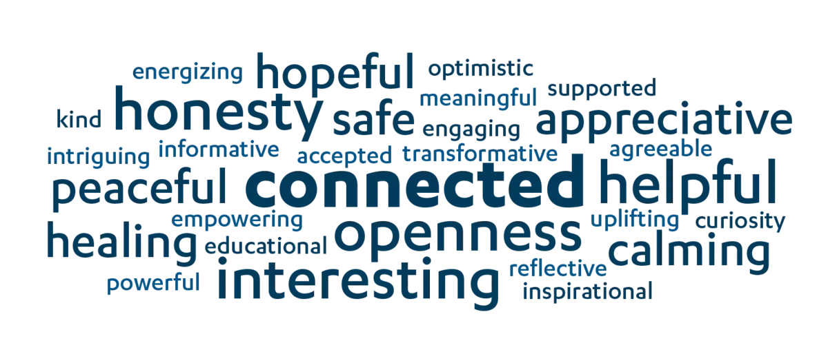 Word cloud of feelings from RPAM 101 participants, including connected, hopeful, honesty, safe, appreciative, peaceful.