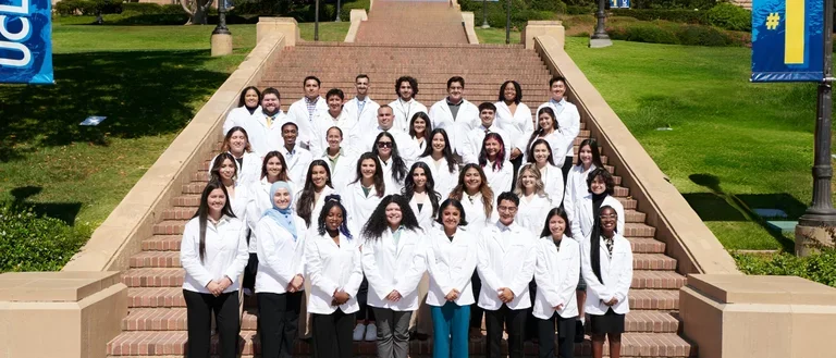 The PREP2024 Cohort of 40 students standing in front of the UCLA Janss Steps