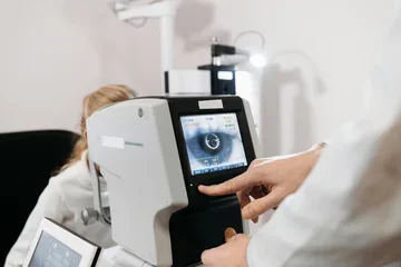 a doctor looking at the image of someone's eye on a screen