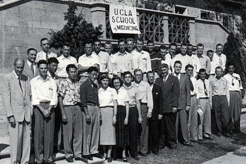 medical school students in the 1960s outside the leconte building