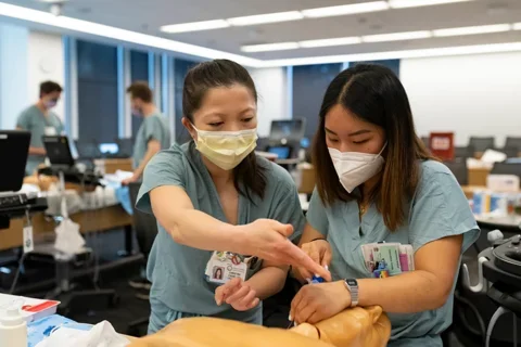Strategies for Success in Medical School A medical student learns a technique from a faculty member in the simulation lab