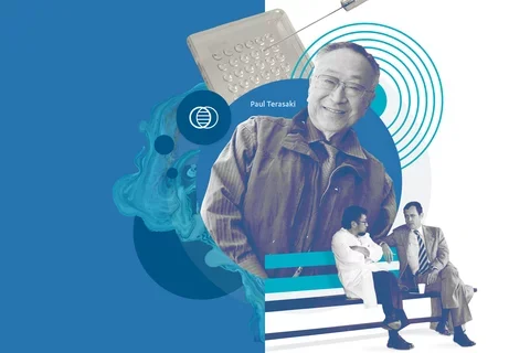 An UCLA blue toned graphic of Paul Terasaki with various shapes and images, representing his 1964 breakthrough