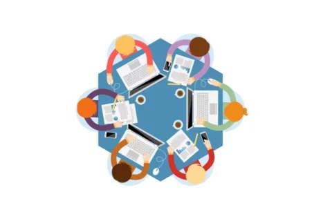 Illustration of a group of people around a table. 