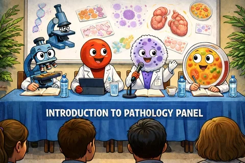 Colorful cartoon illustration showing a pathology-themed lunch panel. The panelists are all cartoon characters and, from left to right, include a microscope writing with a pencil, a smiling red blood cell with an iPad, a cell speaking into a microphone, and a petri dish also writing with a pencil. All of the characters are in white coats. The audience comprises of four human students.