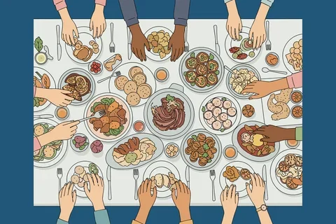 dinner table with variety of foods and guests seated around