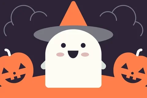 A cartoon ghost in a witch's hat in between two cartoon jack o'lanterns on an orange floor with a dark purple background
