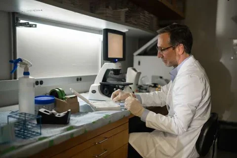 Dr. Antoni Ribas, director of the Tumor Immunology Program at the UCLA Health Jonsson Comprehensive Cancer Center, reviews a biopsy in his lab. 