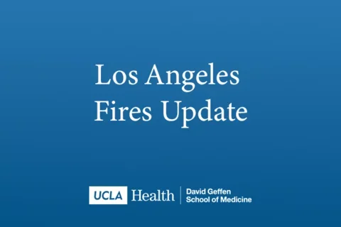 A graphic with a blue background stating, 'Los Angeles Fires Update'