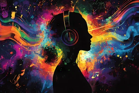 Image of a colorful woman listening to music on headphones