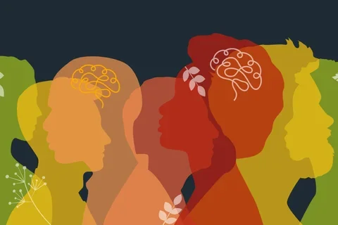 Multicolored overlapping human profiles with brain and gear icons