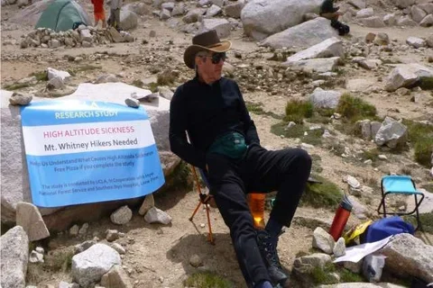 Jonathan Tobis, MD, awaits hikers at Mt. Whitney’s Trail Camp 