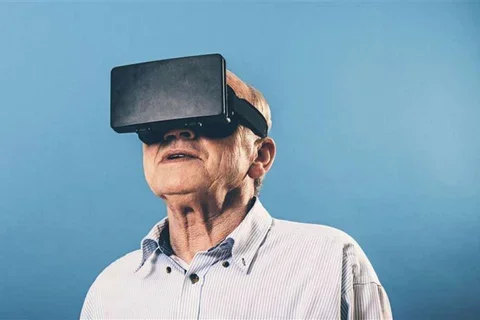 A man wearing a virtual reality (VR) headset. 