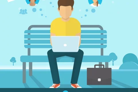 Writing in Medical School graphic of student on bench writing on laptop