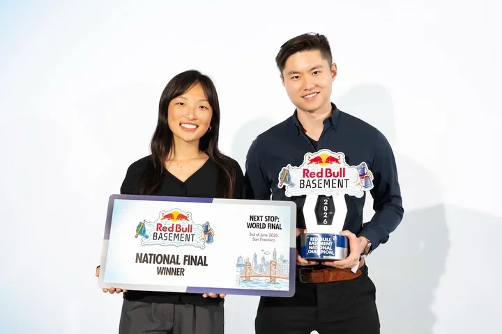 Hayoung Ahn and Xuelong Mu, holding Red Bull Basement awards