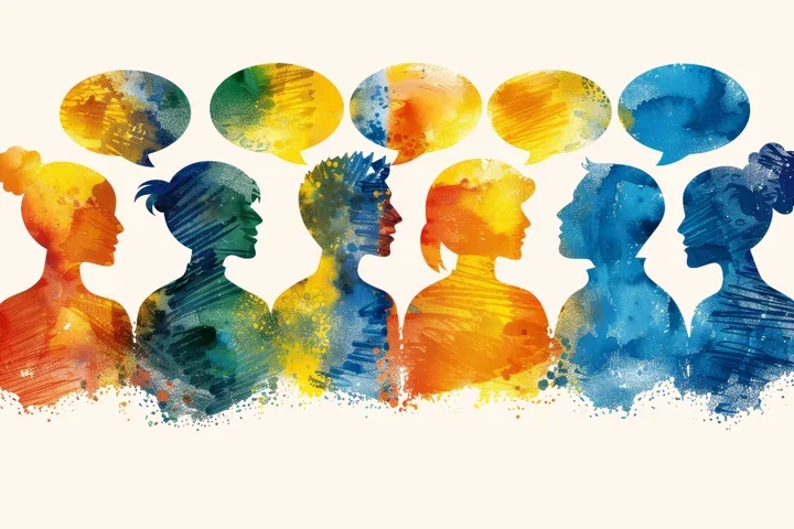 colorful image of peoples side profiles with speech bubbles 