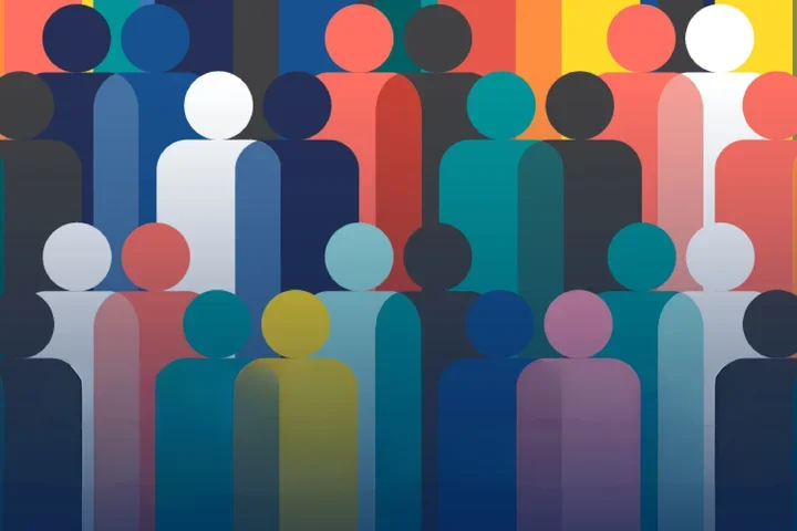Figures of people in a colorful pattern