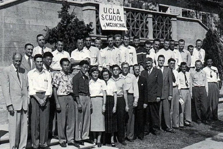 medical school students in the 1960s outside the leconte building