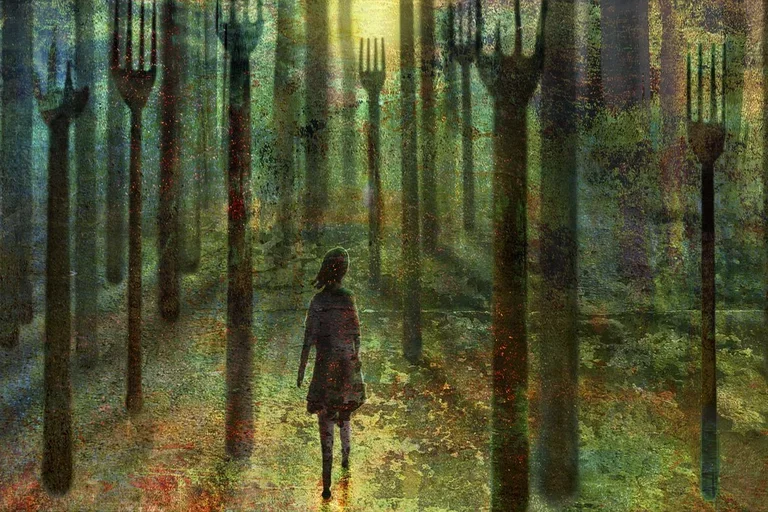 Eating Disorder Symptoms Types Treatment Abstract of Female Walking Through Forest of Forks