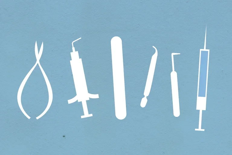 surgical tools outlined in white laid out flat on a light blue background
