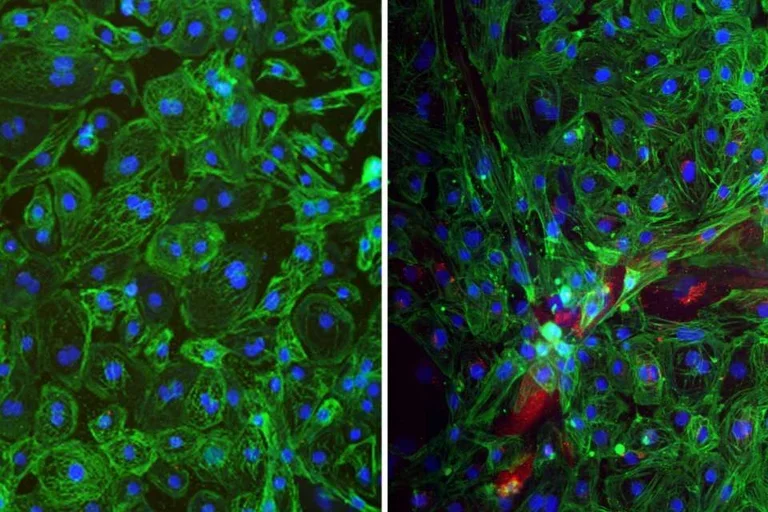 A microscopy still of human stem cell-derived mini heart organoids