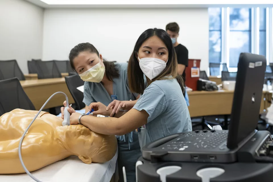 Angela Bi during a medical school training exercise