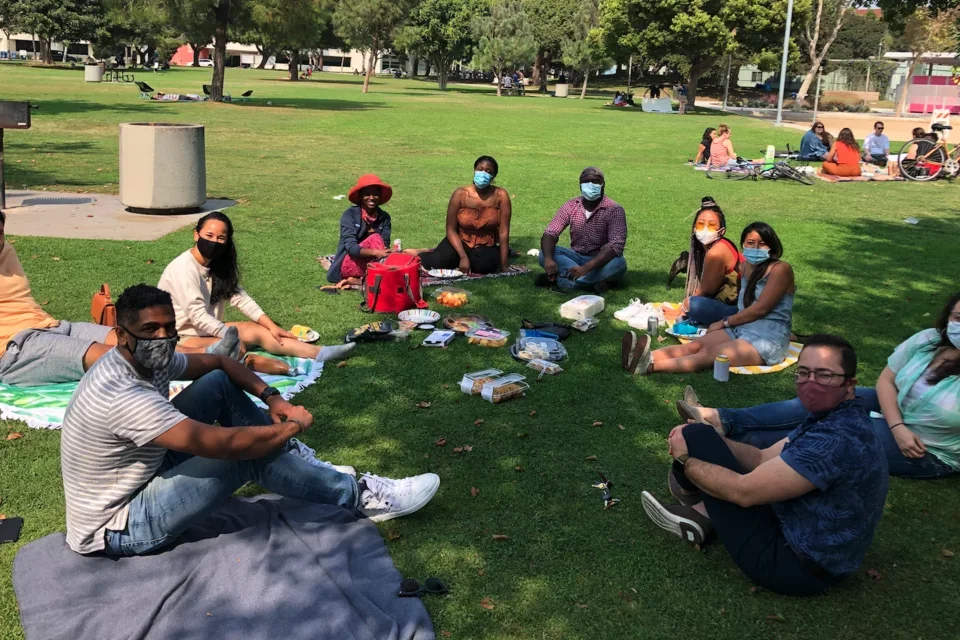 A group of residents at a distanced outside hang in Santa Monica, CA