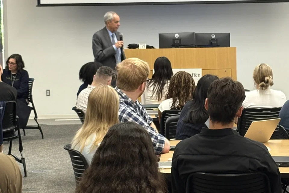 UCLA Health's chancellor addresses a classroom full of incoming medical students