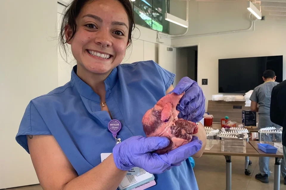 Jennifer Gutierrez, DGSOM alumni, picturing holding a model heart during a training exercise