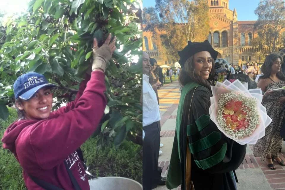 Left: Dr. Denise Jimenez-Tapia picking cherries. Right: Dr. Jimenez-Tapia graduating from UCLA medical school on May 29.