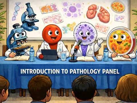 Colorful cartoon illustration showing a pathology-themed lunch panel. The panelists are all cartoon characters and, from left to right, include a microscope writing with a pencil, a smiling red blood cell with an iPad, a cell speaking into a microphone, and a petri dish also writing with a pencil. All of the characters are in white coats. The audience comprises of four human students.