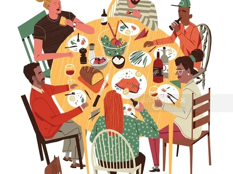 graphic of a group of friends sitting around a dinner table 
