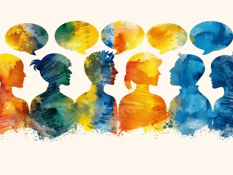 colorful image of peoples side profiles with speech bubbles 
