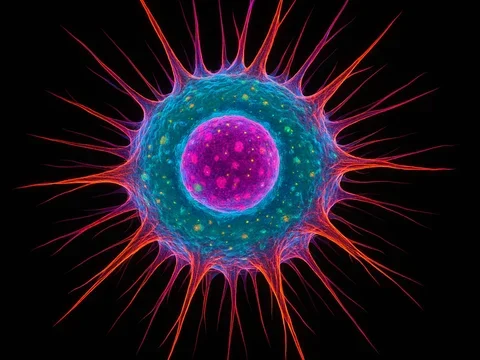 Graphic of STEM Cell in bright purple and blue against black background