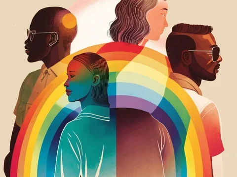Four people facing outward under a rainbow, symbolizing diversity and unity.