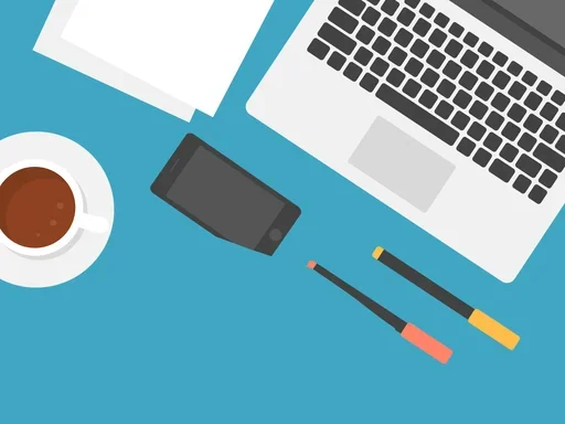 2D image of overhead view of a laptop, papers, phone, pencils, and coffee