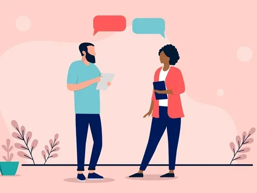 Two individuals communicating with thought bubbles overhead