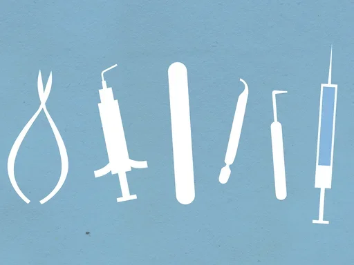 surgical tools outlined in white laid out flat on a light blue background