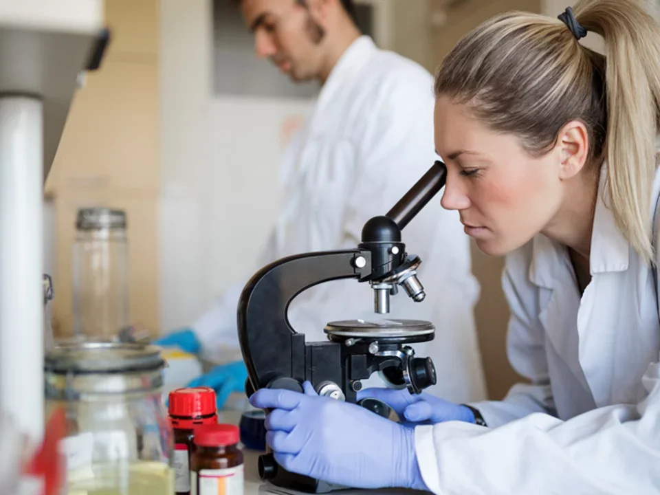 A woman looking into a microscope with a lab mate behind her
