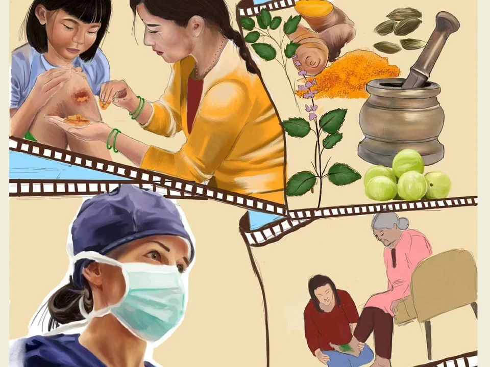 Painting showing different types of medical practices