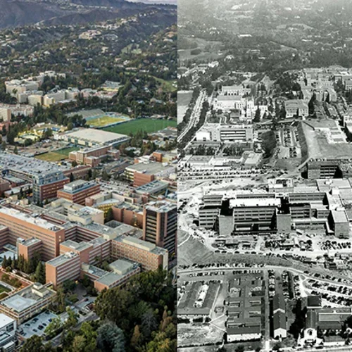 Aerial photo of campus, then and now
